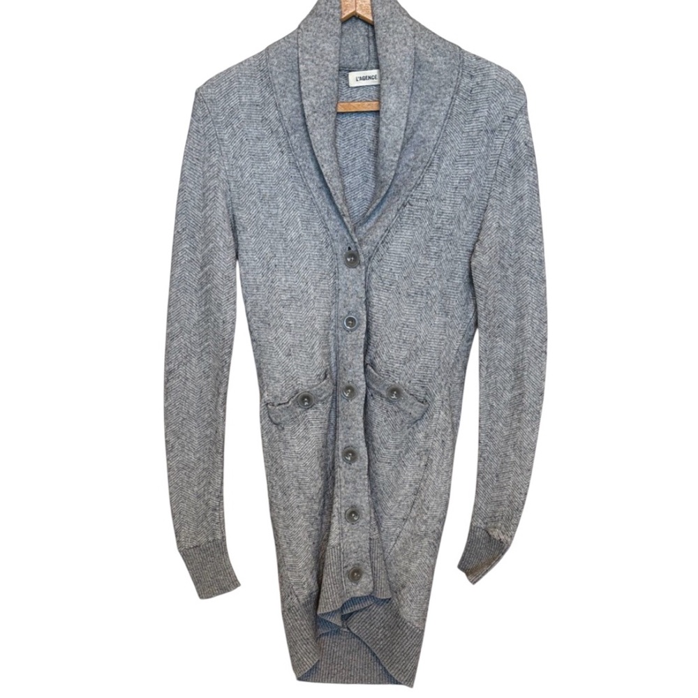 L’AGENCE Herringbone Longline Cardigan Gray Button Front Sweater Coat XS